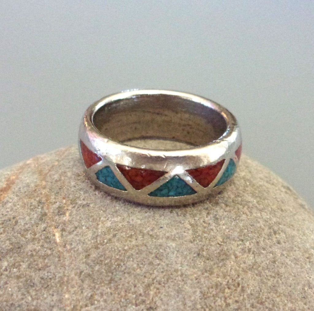 Bague Navajo en argent et pierres fines turquoises et corail, Enlèvement ou Envoi, Femme ou Homme, Comme neuf, Avec pierre précieuse