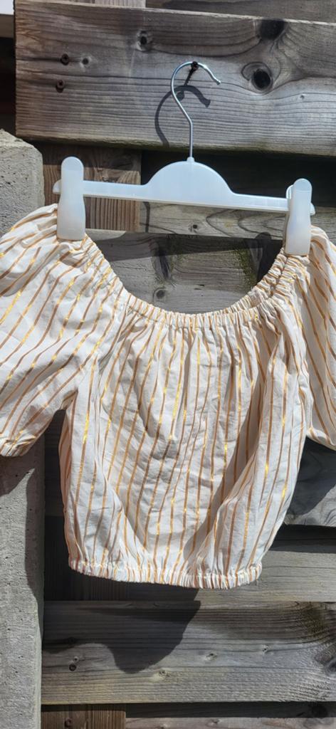Witte en goud gestreepte blouse met pofmouwen., Ophalen of Verzenden