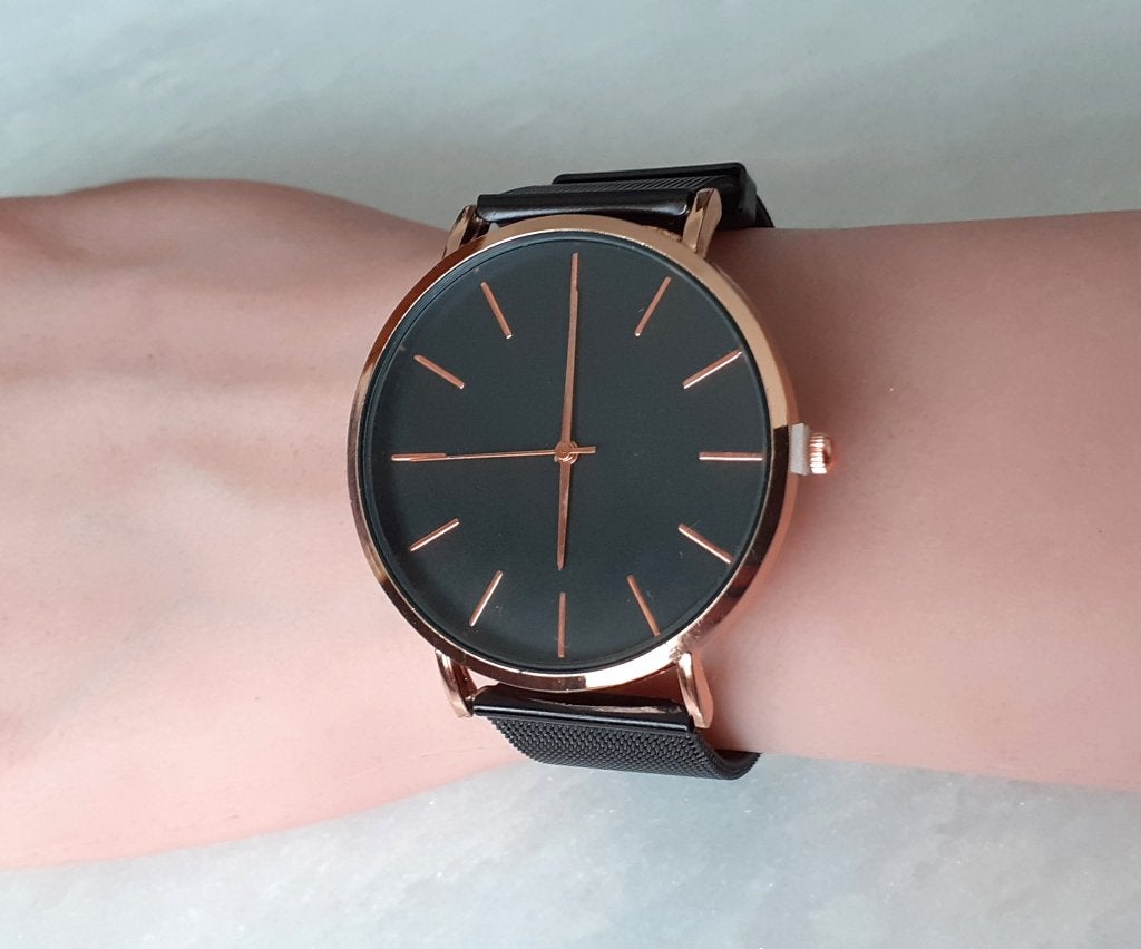 horloge zwart en rosegold, Handtassen en Accessoires, Horloges | Dames, Overige merken, Staal, Staal, Polshorloge