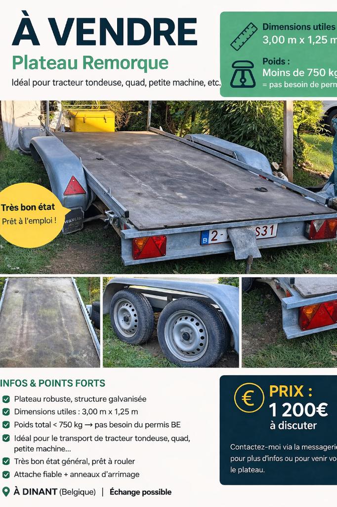 Plateau remorque 3m x 1,25m - moins de 750 kg, Enlèvement, Utilisé