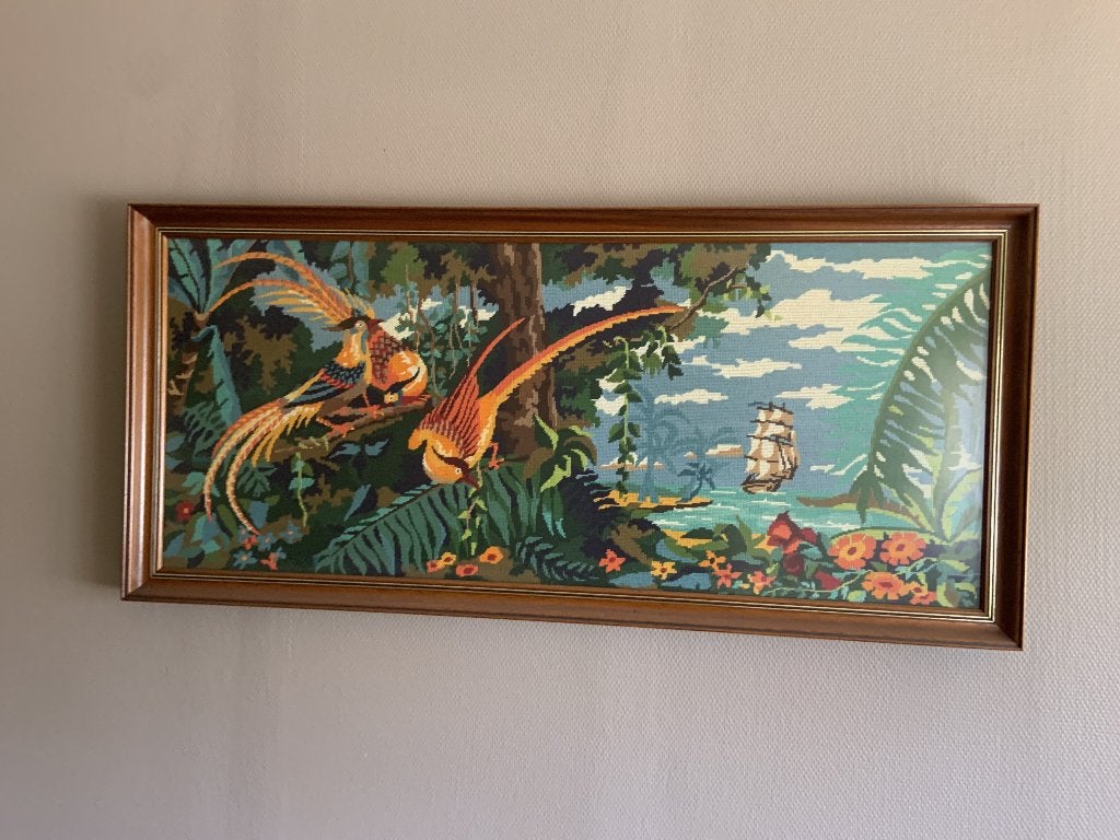 Très beau tableau en canevas– Années 80 – Sous verre, Enlèvement