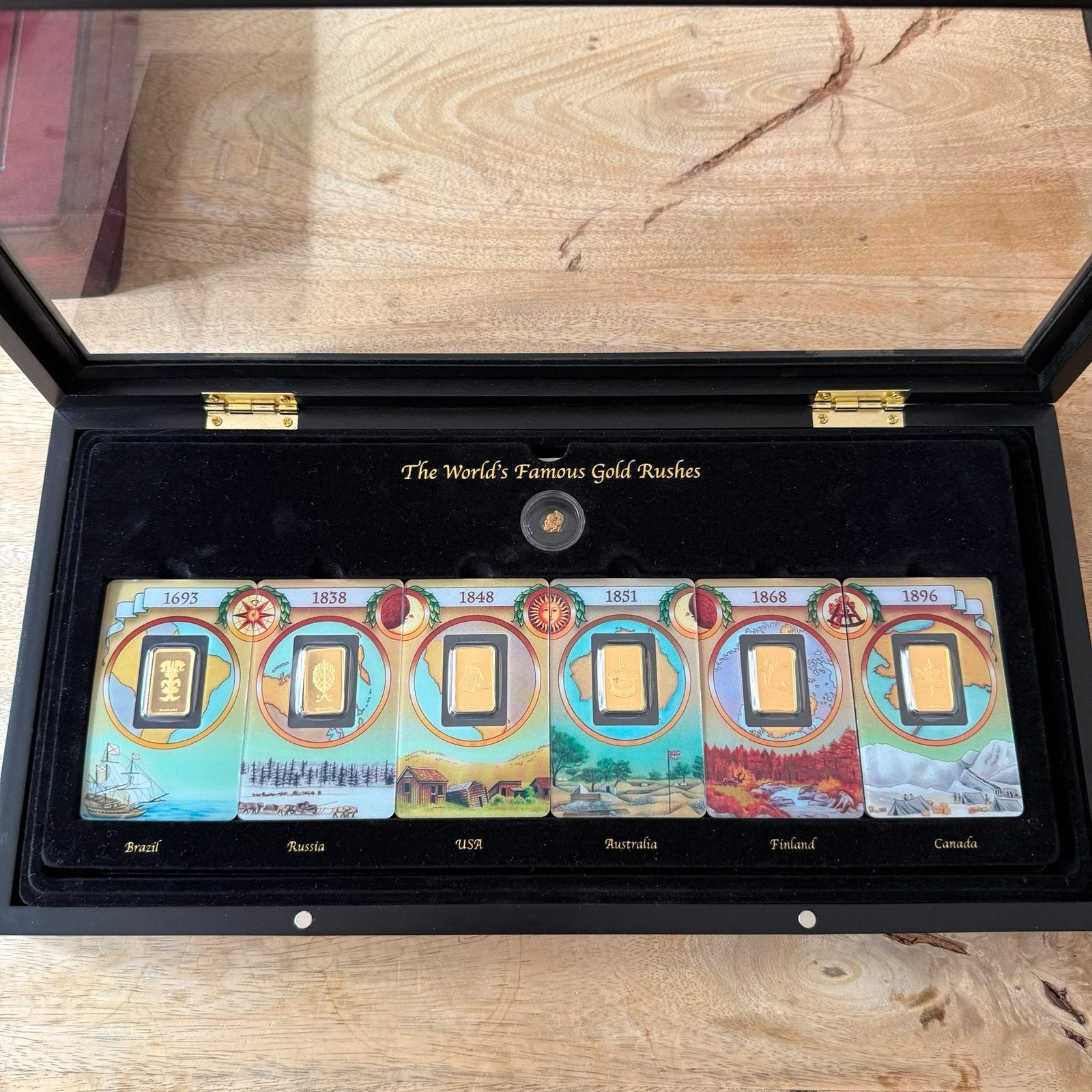 Coffret rare “World’s gold rushes” 6 x 5g d’or 24k + pépite, Enlèvement ou Envoi, Or