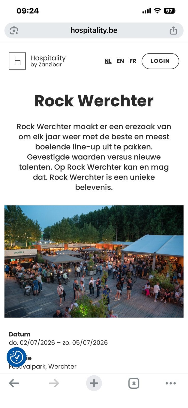 Combi vip terras ticket rock werchter voor weekend, Eén persoon, Ticket of Toegangskaart
