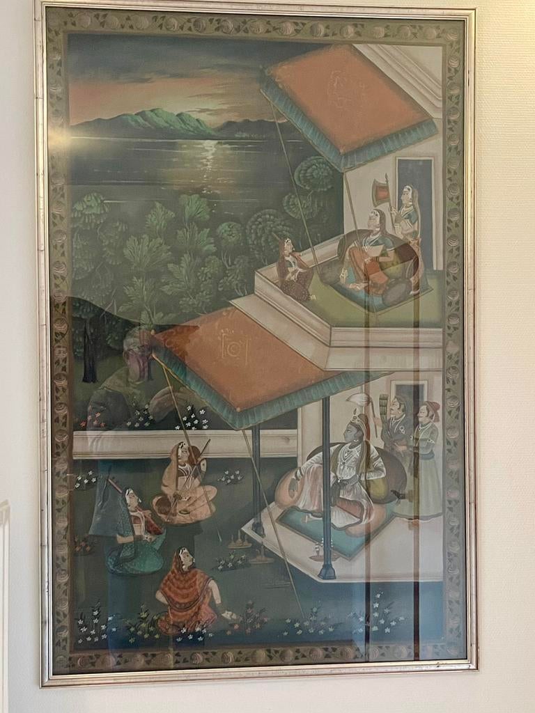 Groot schilderij op doek in kader Indisch tafereel, Antiek en Kunst, Ophalen