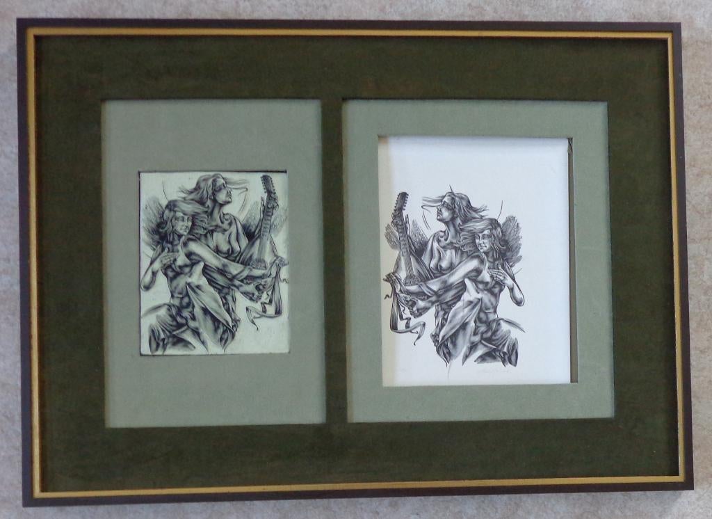 GUIDO MARIMAN / MUZIKANTEN / HOUTSNEDE + BLOK 52x72cm KADER, Antiek en Kunst, Ophalen