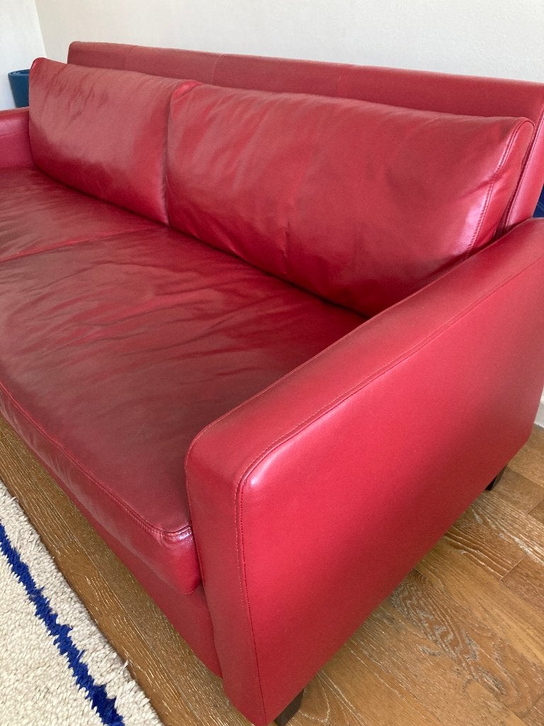 Vintage kersenrode zetel vachette leder van het merk Habitat, Huis en Inrichting, Ophalen, Gebruikt, Vintage mid century, 150 tot 200 cm