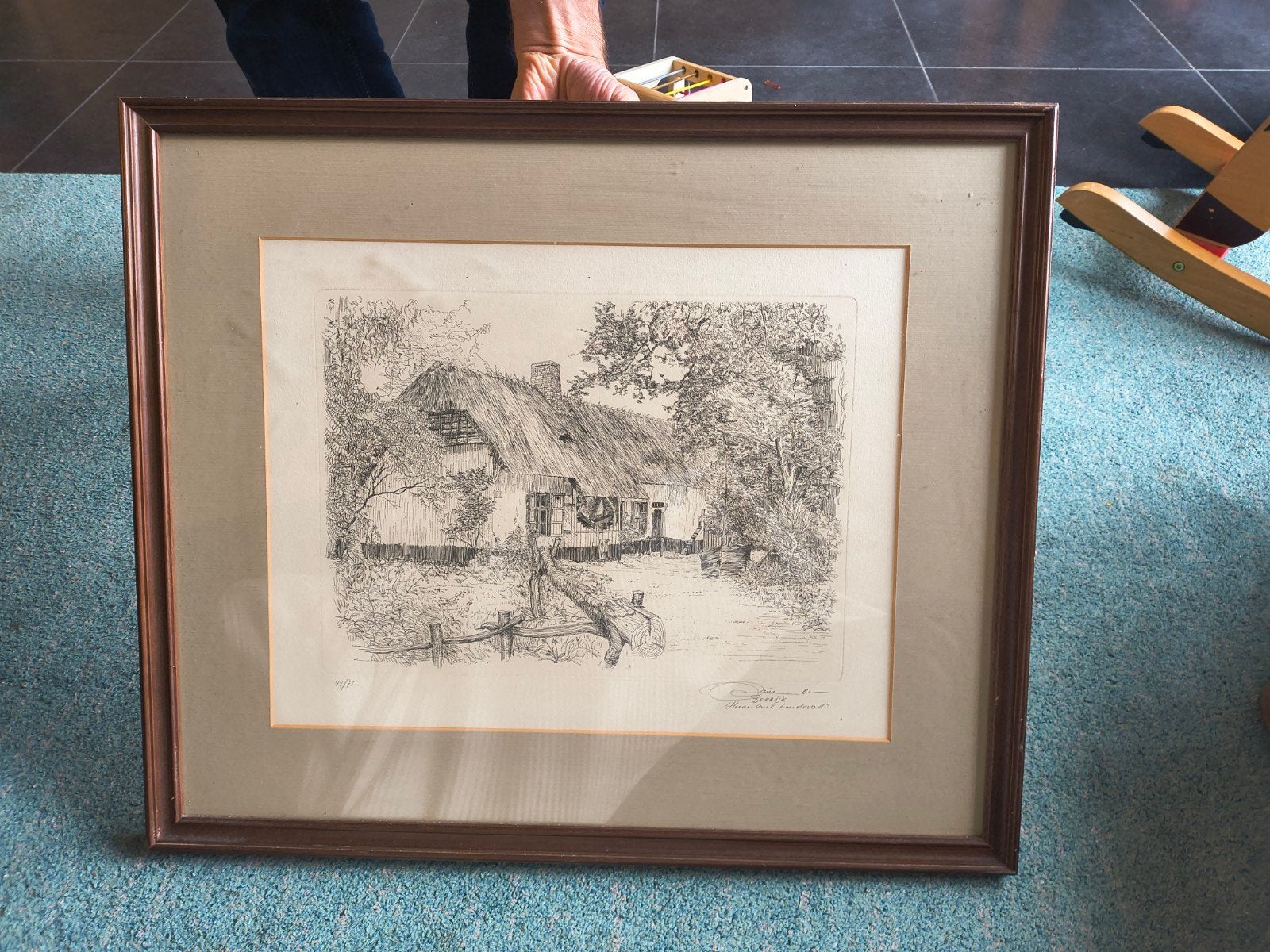 Originele gesigneerde ets – Bokrijk Hoeve met hondenrad '82, Enlèvement, Eau-forte, Encadré
