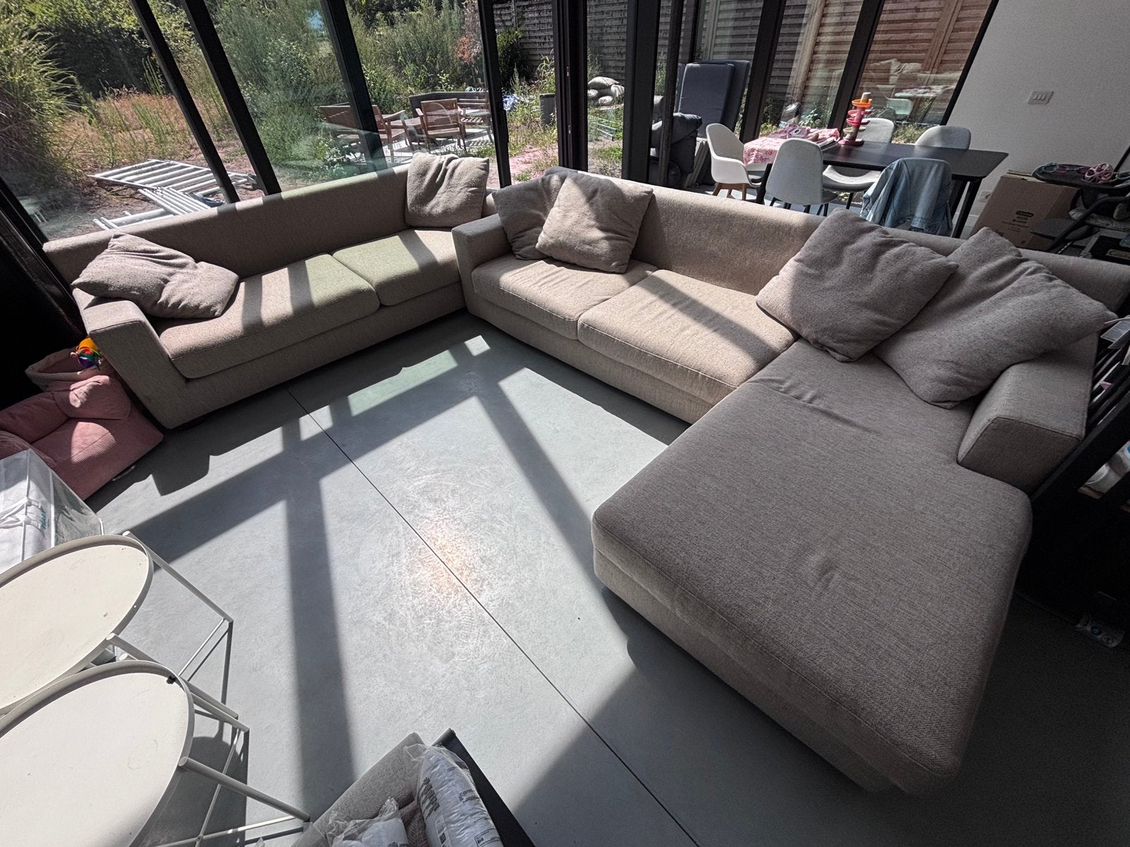 2 grote stoffen driezitten met hoek, Modern landelijk, Bois, Enlèvement, Utilisé