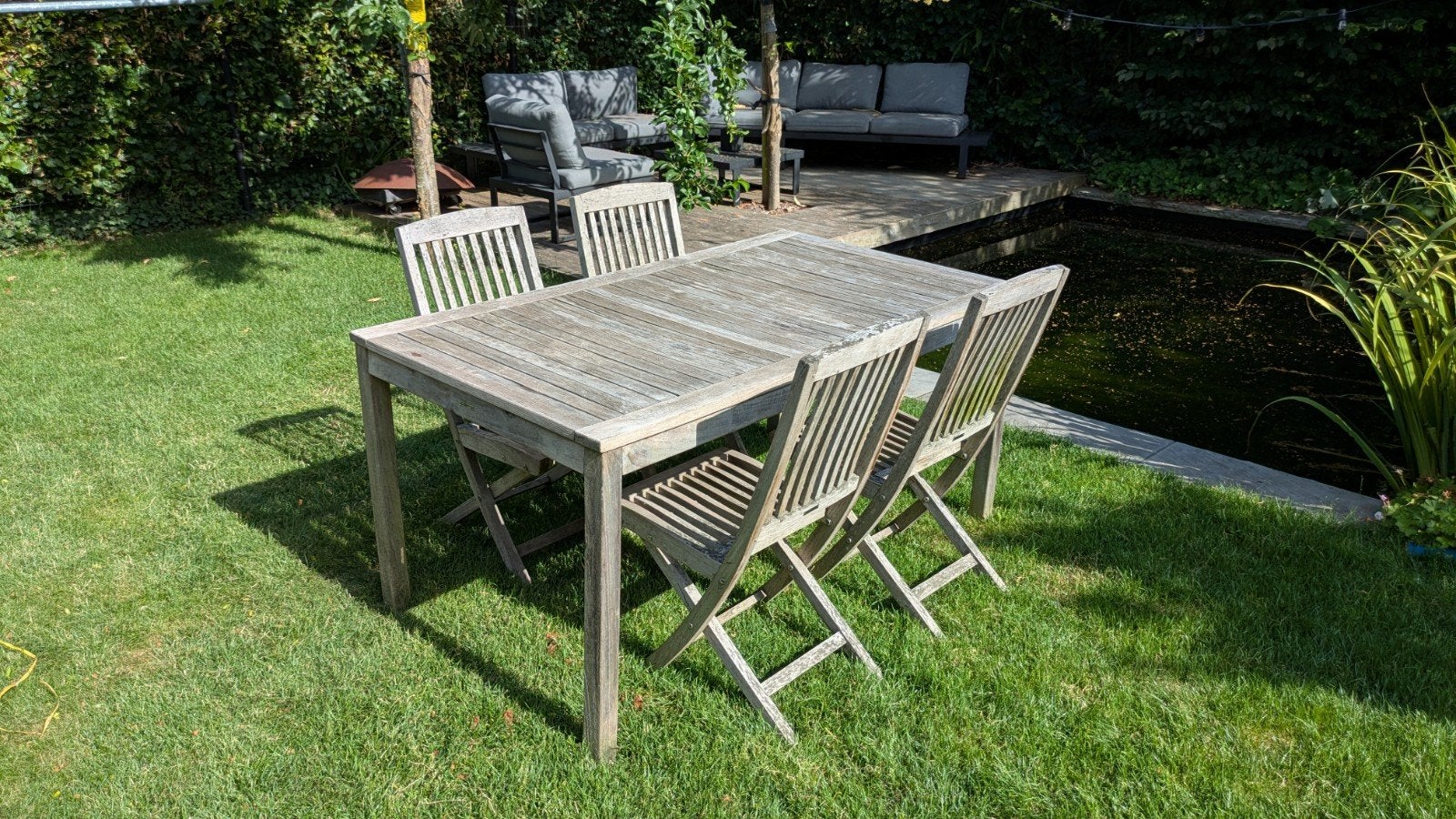 Teak tuintafel Morati met 4 stoelen (en 6 kussens), Tuin en Terras, Ophalen, Gebruikt, Rechthoekig, Hout