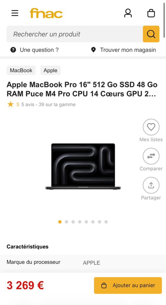 MacBook Pro 16" M4 Pro — 48 Go RAM / 512 Go SSD, 32 GB, 512 GB, 16 pouces, Comme neuf