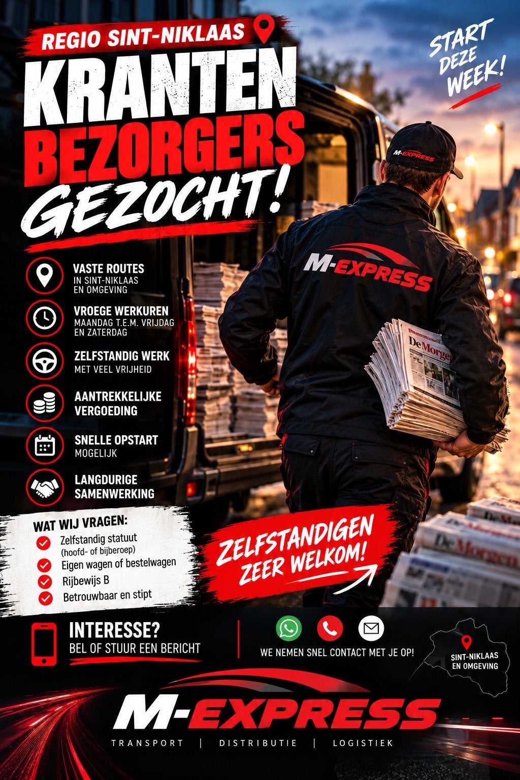 Zelfstandige Krantenbezorger gezocht – Regio Sint-Niklaas, Geschikt als bijbaan