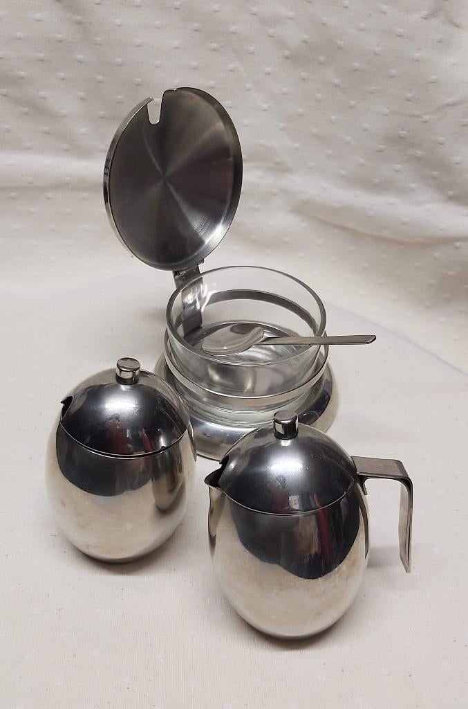 Inox tafelsetje melk, suiker, vintage, Alessi, Antiek en Kunst, Curiosa en Brocante, Ophalen of Verzenden