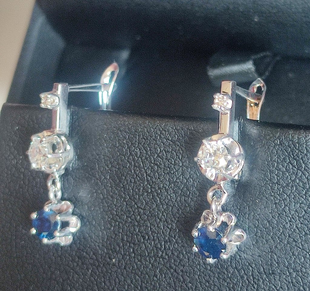 Goud/platinum oorbellen met saffier en diamanten ca 1910, Handtassen en Accessoires, Oorbellen, Hangers, Ophalen of Verzenden
