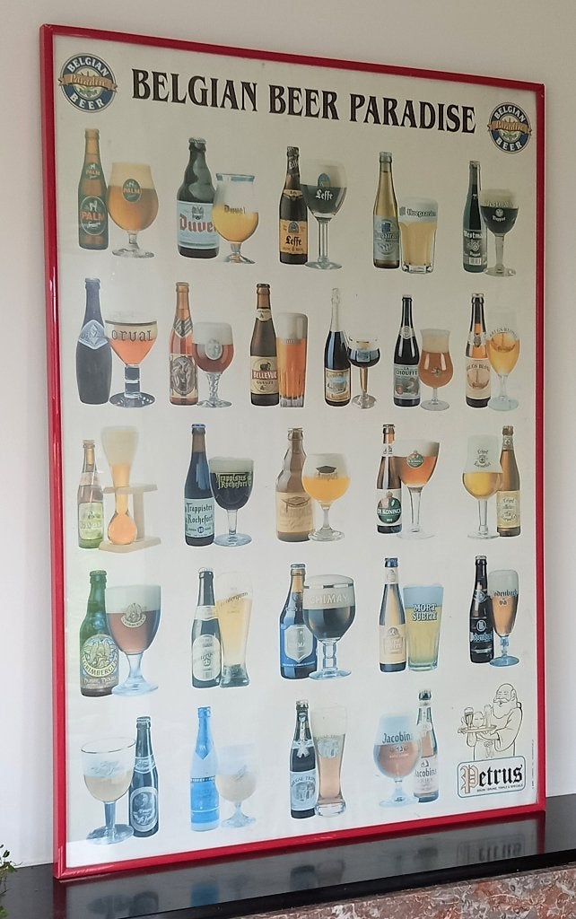 Groot vintage glazen kader Belgian Beer Paradise, Verzamelen, Biermerken, Ophalen, Gebruikt, Reclamebord, Plaat of Schild