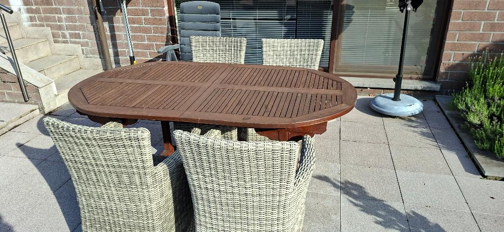 tuintafel en stoelen, Tuin en Terras, Ophalen, Gebruikt, 6 zitplaatsen, Hout