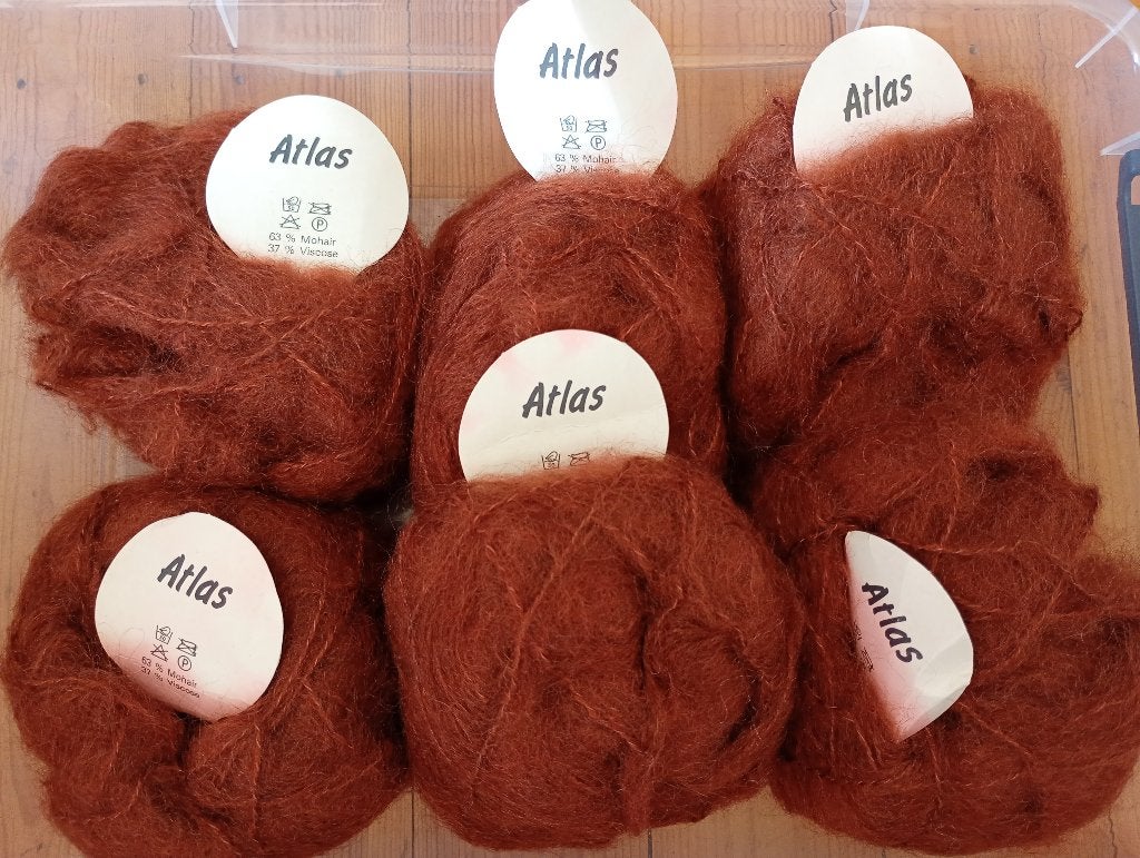 Atlas mohair viscose 6 bollen wol roestrood / koperbruin, Ophalen of Verzenden, Nieuw, Breien of Haken, Wol of Garen