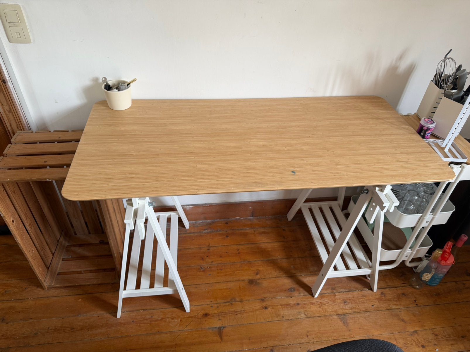 IKEA bureau 180  60 cm met bamboe werkblad – goede staat, Scandinave, Bureau d'écolier, Enlèvement, Utilisé