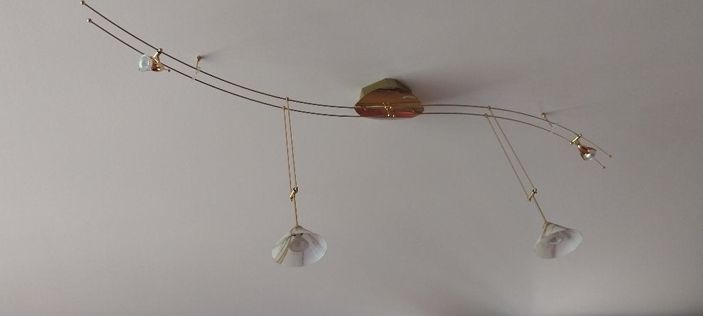 Plafondlamp gebogen rails, 4 spots, glanzend goud, Ophalen, Gebruikt, GU5.3, Plafondlamp