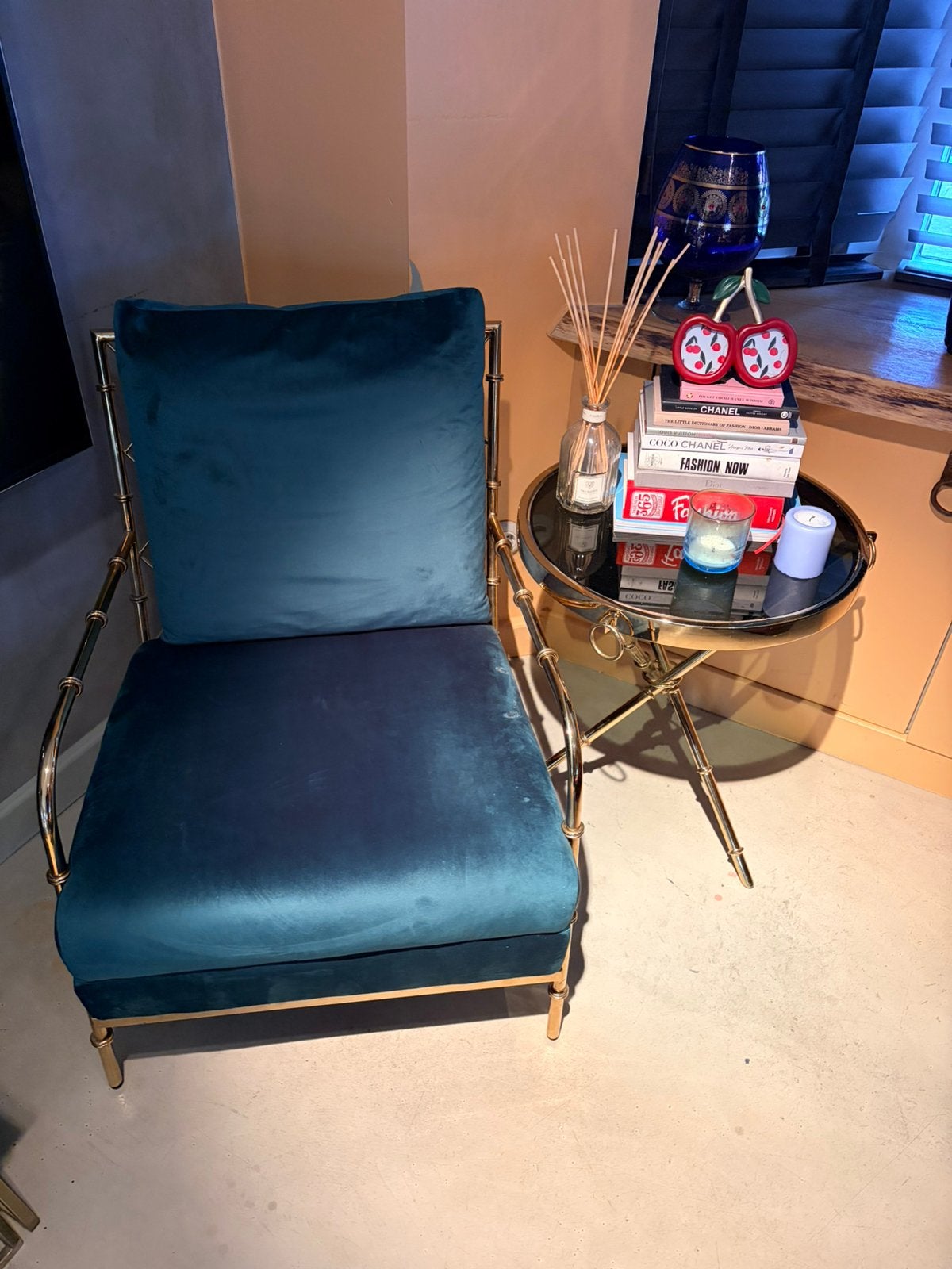 Fauteuil met bijpassende tafel in bamboe-look, Ophalen, Zo goed als nieuw, Stof