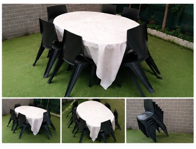 Tuintafel met 6 zwarte stapelbare stoelen, Ophalen, Zo goed als nieuw, Kunststof, Tuinset