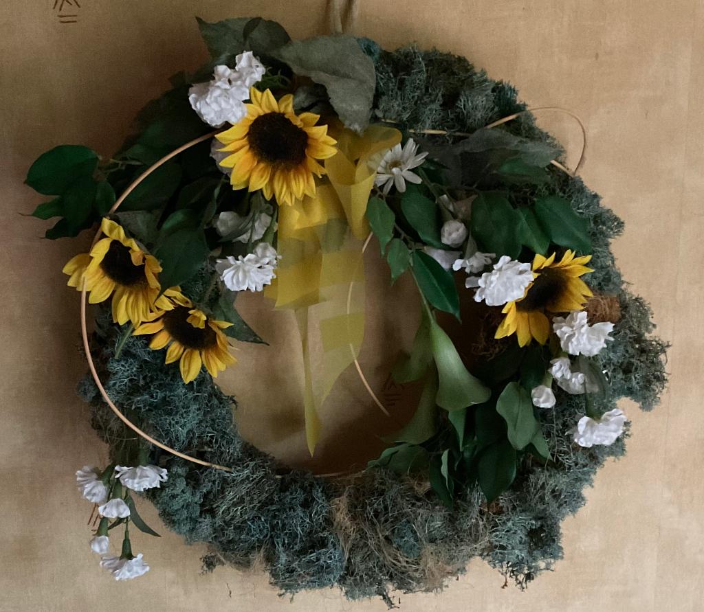 Grote decoratieve krans met kunstbloemen 50 cm, Ophalen, Gebruikt, Binnen, Ophangbaar