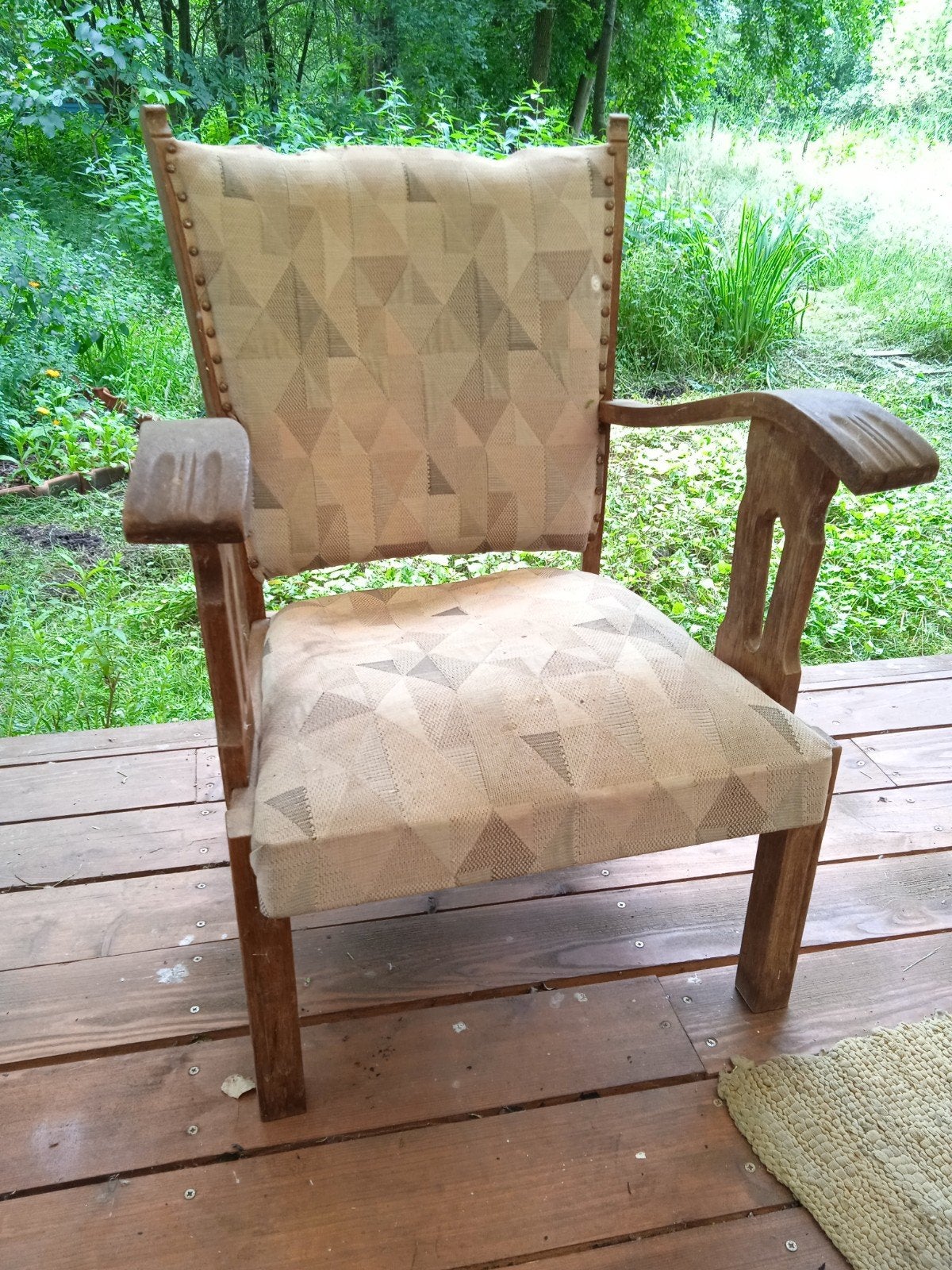 Vintage fauteuil, hout, grijze stof, voor een opmaak project, Ophalen
