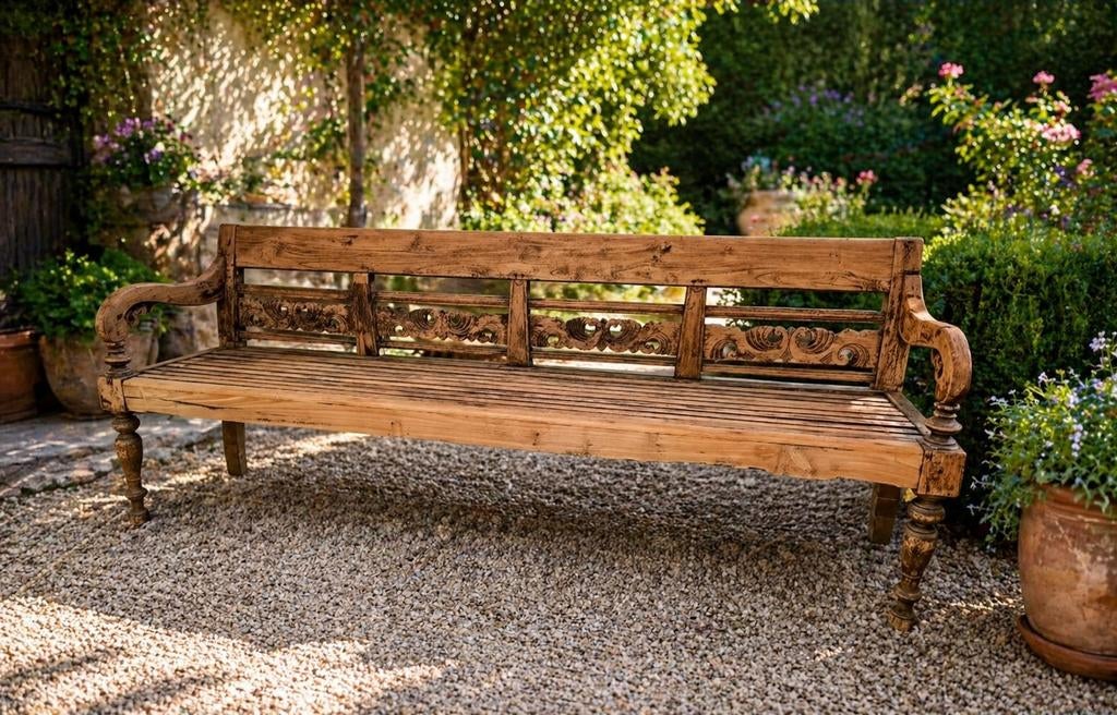 “Prachtige antieke houten tuinbank met sierlijk houtsnijwerk, Ophalen, Hout