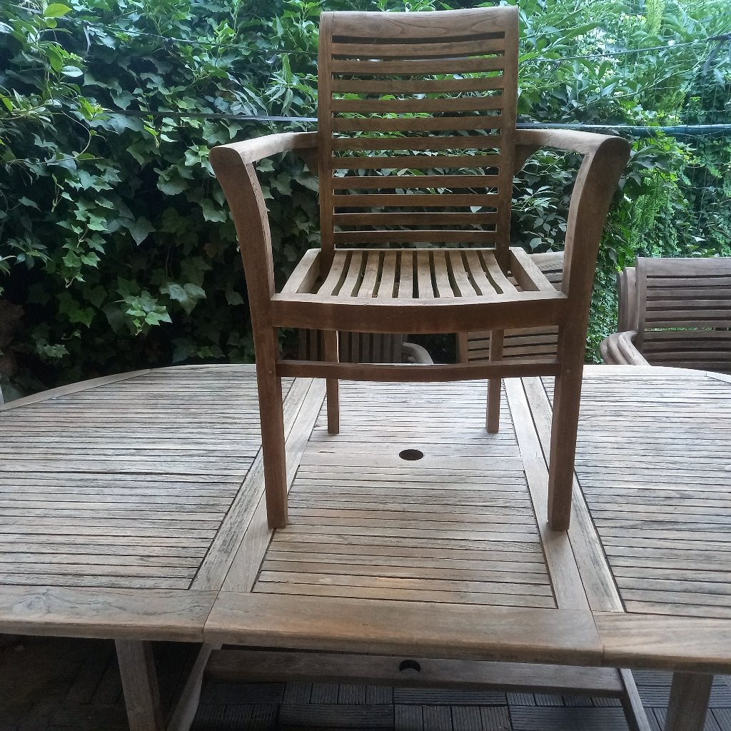 (5) Chaise teck massif avec accoudoirs empilables, Jardin & Terrasse, Enlèvement, Bois de teck, Empilable
