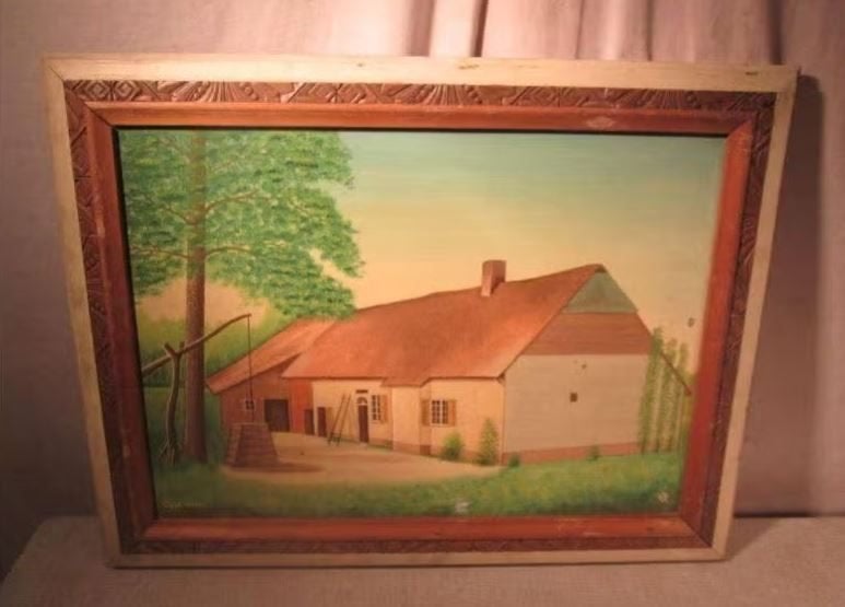 Œuvre peinte « Ancienne ferme avec puits d'eau, Enlèvement ou Envoi, Peinture à l'huile, Panneau, Encadré