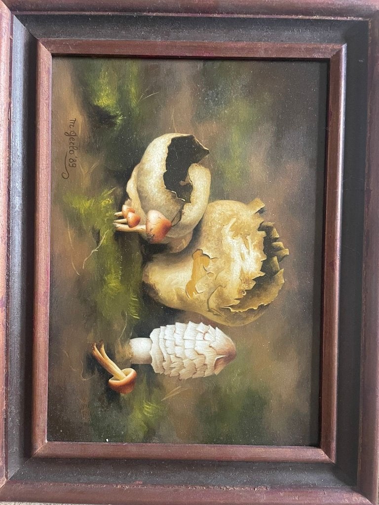 Vintage schilderij – stilleven met paddenstoelen, Ophalen of Verzenden, Vintage, Stilleven