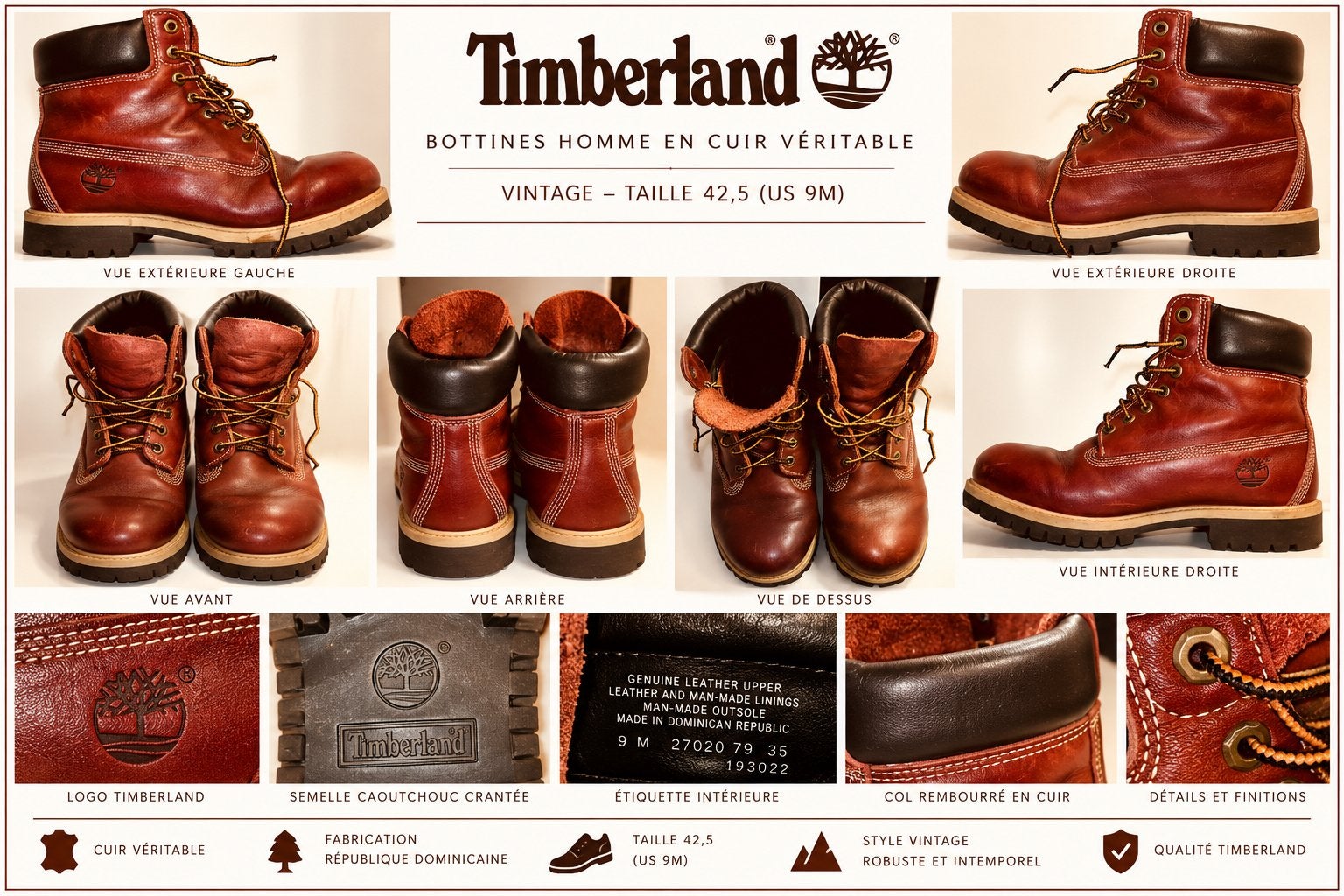 Timberland -Bottines Cuir Bordeaux –Vintage –Taille 42 /43, Enlèvement ou Envoi, Porté, Autres tailles, Autres couleurs
