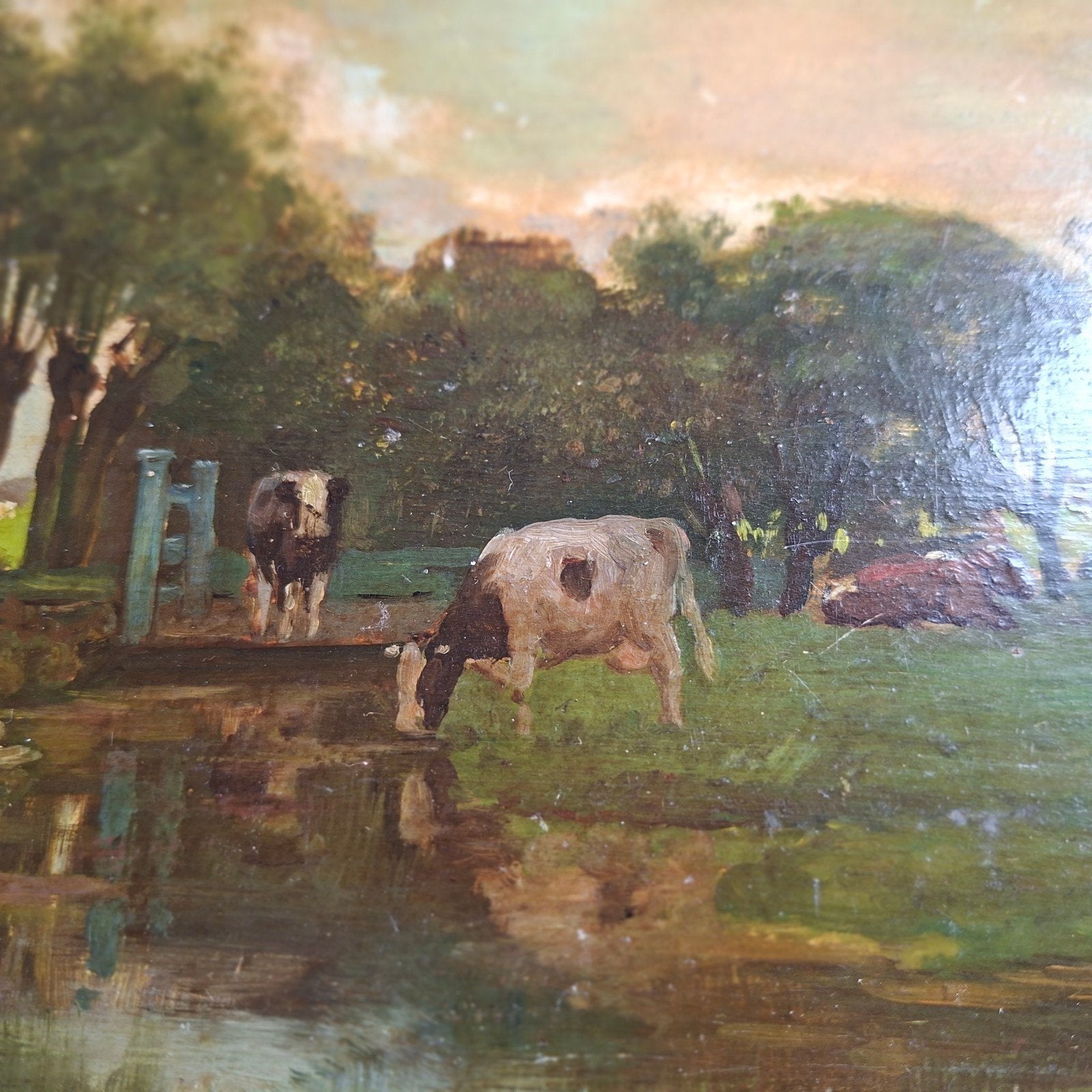 Oud paneeltje met koeien in landschap, Enlèvement ou Envoi, Peinture à l'huile, Panneau, Paysage