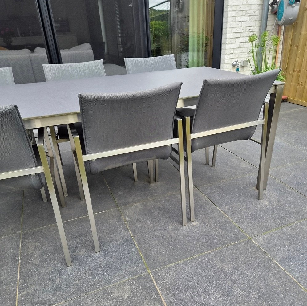 4 seasons complete tuinset: tafel met 6 stoelen, Ophalen, Inox, Gebruikt, 6 zitplaatsen