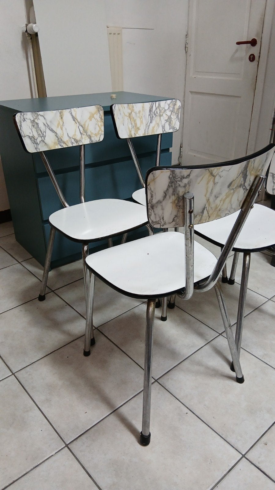 Lot 4 chaises formica vintage blanches marbre, Maison & Meubles, Enlèvement