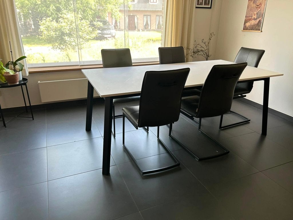 Eettafel + stoelen, Huis en Inrichting, Tafels | Eettafels, Ophalen, Gebruikt, 100 tot 150 cm, 200 cm of meer