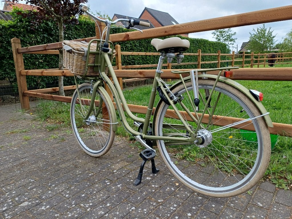Hippe fiets Frappé FCL400 matgroen met rieten mandje, Fietsen en Brommers, Versnellingen, Zo goed als nieuw, Frappé, Ophalen