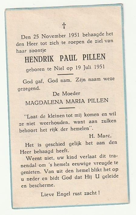 Doodsprentje Hendrik Paul PILLEN Niel 1951 - 1951 kind, Verzenden, Bidprentje