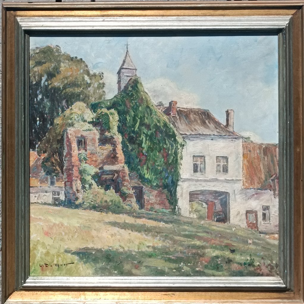 Leopold De Moor (1876-1966): Dorpszicht (72 x 67 cm), Enlèvement ou Envoi, Signé, Paysage urbain / rural