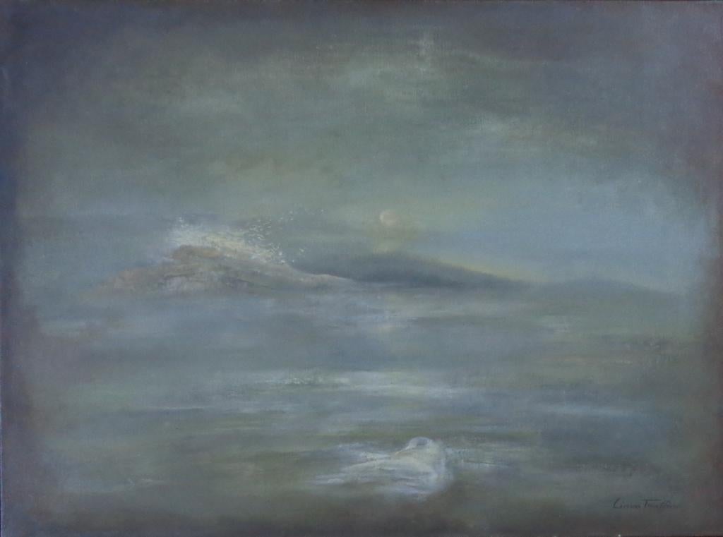 LINOU TRUFFINO / BERGEN IN DE MIST / OLIEVERF 62x82cm KADER, Enlèvement, Signé, Peinture à l'huile