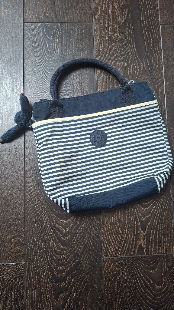 Kipling handtas / schoudertas blauw-wit gestreept + aapje, Ophalen of Verzenden, Zo goed als nieuw, Blauw, Kipling