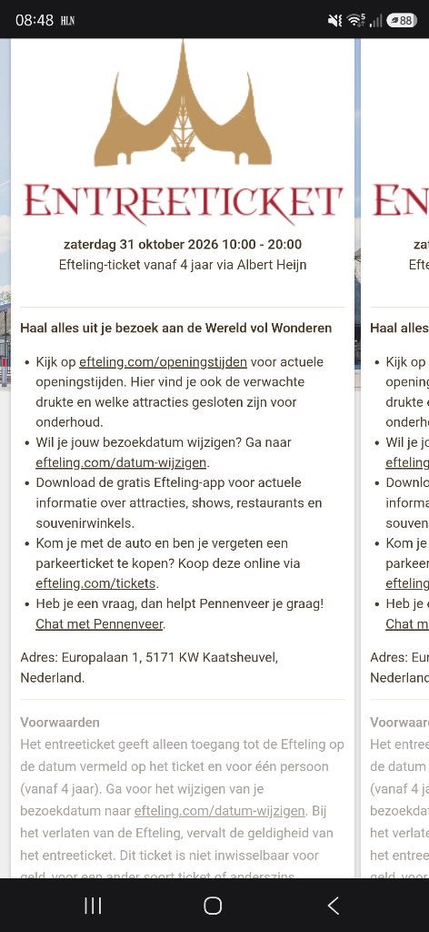 Tickets Efteling (4 stuks), Drie personen of meer, Ticket of Toegangskaart