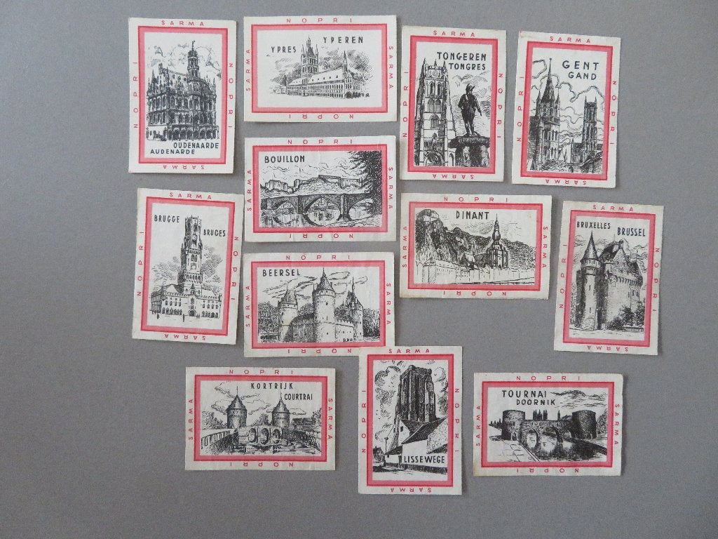 30 lucifer etiketten labels Sarma Nopri steden Belgie, Verzamelen, Ophalen of Verzenden, Zo goed als nieuw, Luciferdoosjes of -merken