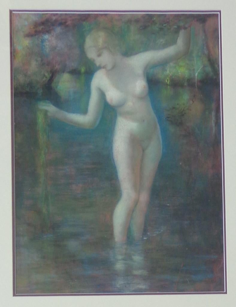 ONBEKEND / BADENDE NAAKTE VROUW / ORIGINEEL / 84x68cm KADER, Ophalen