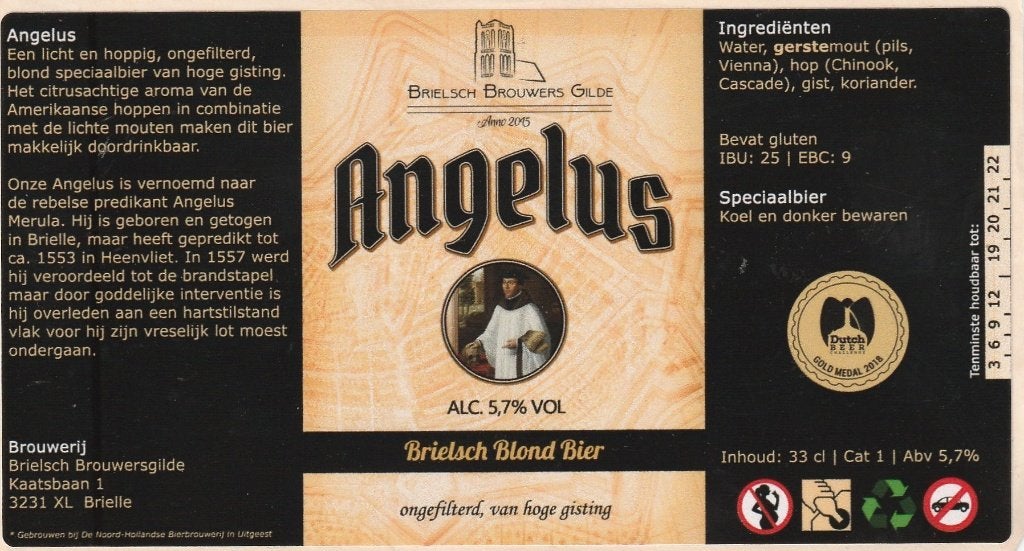 Bieretiket Nederland Brielsch Brouwers Gilde : Angelus, Envoi, Neuf, Autres types, Autres marques