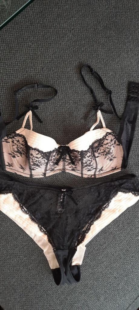 Lingerie bh slip set sexy 75b zwart beige, Verzenden, Zwart, BH