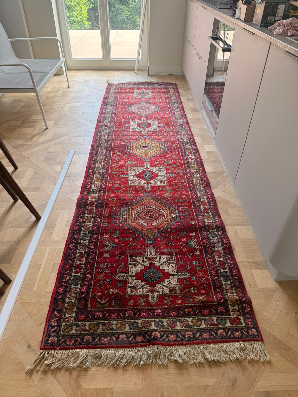 Perzische Heriz loper, handgeknoopte wol, 89 x 330 cm, rood, Huis en Inrichting, Ophalen, 200 cm of meer, Zo goed als nieuw, Rechthoekig
