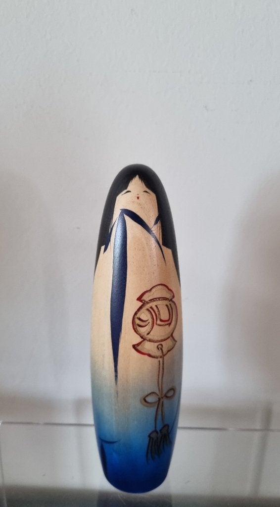 Vintage Nagoya Sansaburō kokeshi van Nobuyoshi Matsutani, Hout, Geschilderd, Ophalen of Verzenden, 18 cm