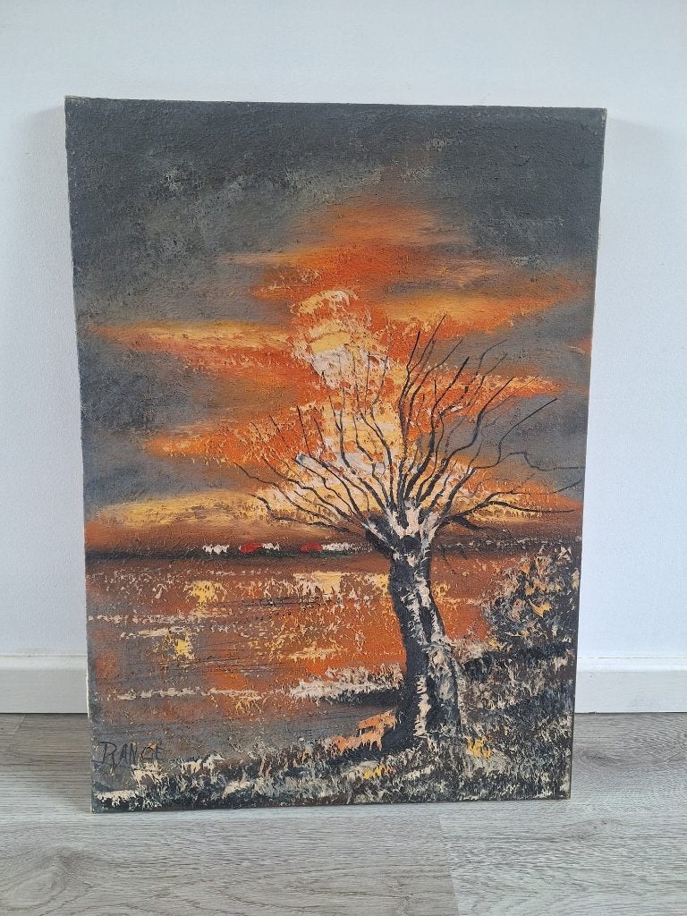 Schilderij met reliëf en boom bij zonsondergang, Antiquités & Art, Art | Peinture | Classique, Enlèvement ou Envoi, Peinture acrylique
