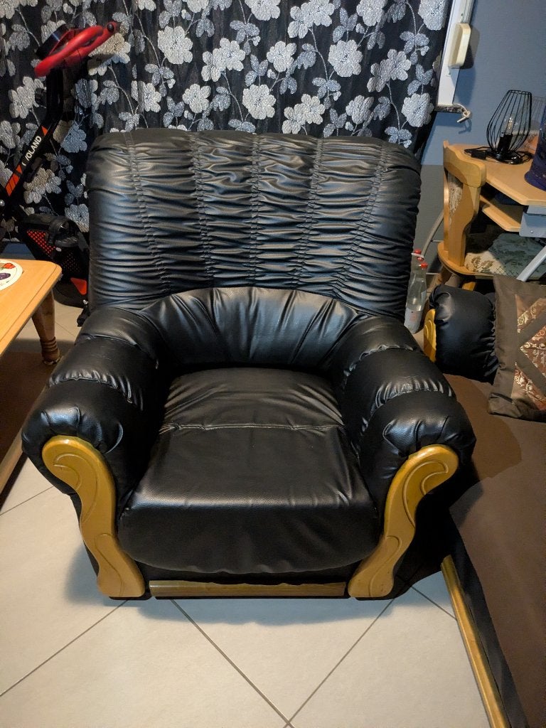 Ensemble salon / Canapés et fauteuil similicuir noir et bois, Maison & Meubles, Canapés | Salons, 75 à 100 cm, Quatre personnes ou plus