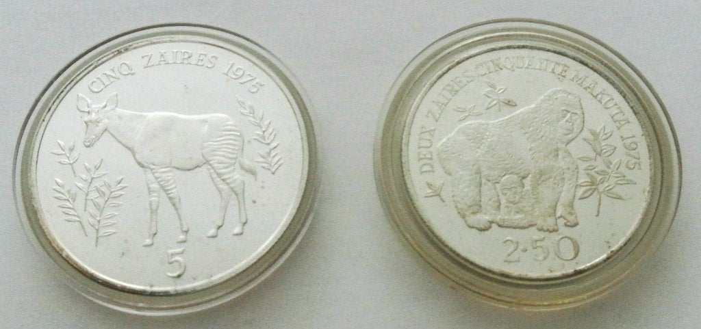 DEMOCRATISCHE REP. CONGO 5 ZAÏRES EN 2,5 ZAÎRES 1975 ZILVER, Postzegels en Munten, Munten | Afrika, Ophalen of Verzenden, Overige landen